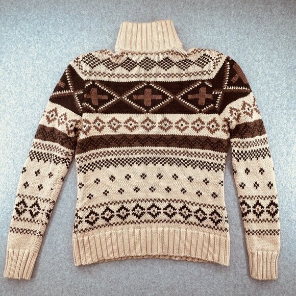 Ralph Lauren Petite Fair Isle Print Half Zip Sweater Size S Beige Brown Cotton - Picture 2 of 11